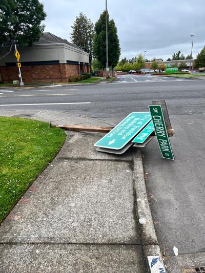 Vandalized street sign at Cherry Park Rd. and 18th Way.